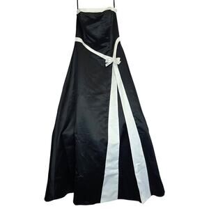 Jessica McClintock Gunne Sax Ball Gown Maxi Dress 7/8 Black Satin White Bow Sash